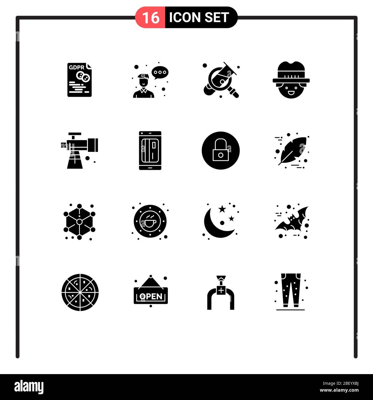 Group of 16 Solid Glyphs Signs and Symbols for scope, man, profession, gardener, search Editable Vector Design Elements Stock Vector