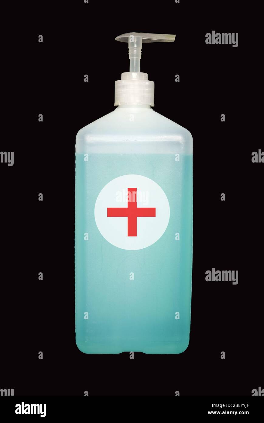 Liquid antiseptic for hands and face disinfection with red cross on ...