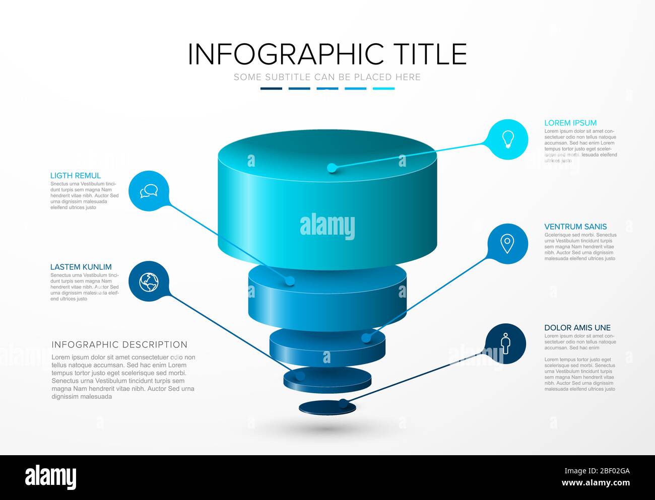 Vector Infographic layers template with five circle levels for material structure - funnel / reverse pyramid template on light background Stock Vector