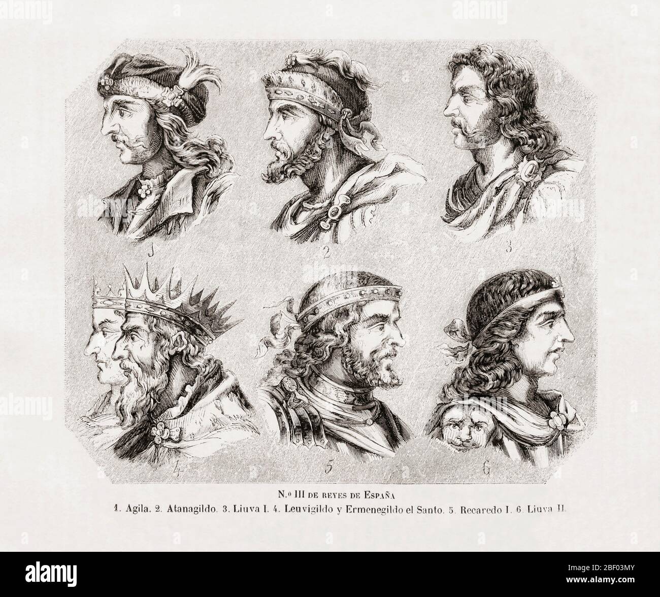 Six Spanish kings.  They are named in the caption beneath the portraits.   From Las Glorias Nacionales, published in Madrid and Barcelona, 1852. Stock Photo