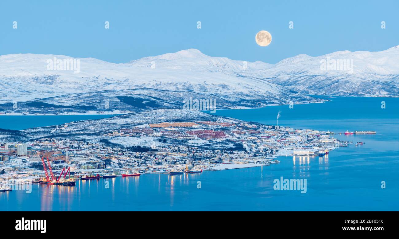 Aerial View On Tromso At Full Moon In Winter Time, Norway Stock Photo