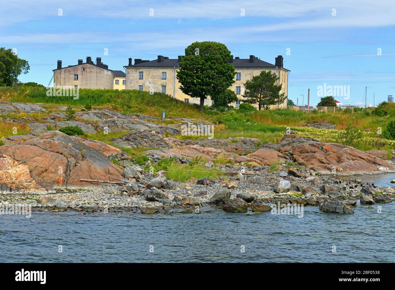 Suomenlinna (1748), or Sveaborg, inhabited sea fortress. Ancient residential buildings. Helsinki, Finland Stock Photo