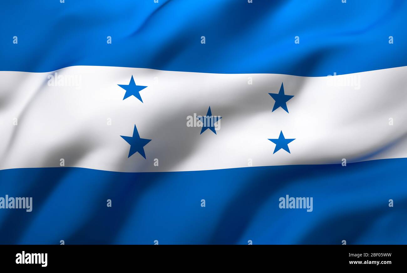 Flag of Honduras blowing in the wind. Full page Honduran flying flag. 3D illustration. Stock Photo