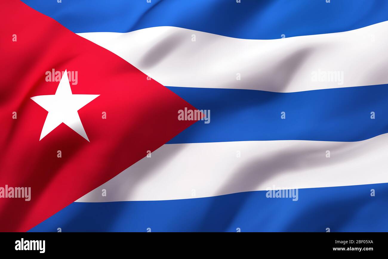 Flag of Cuba blowing in the wind. Full page Cuban flying flag. 3D illustration. Stock Photo