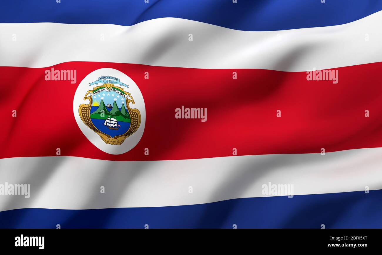 Flag of Costa Rica blowing in the wind. Full page Costa Rican flying flag. 3D illustration. Stock Photo