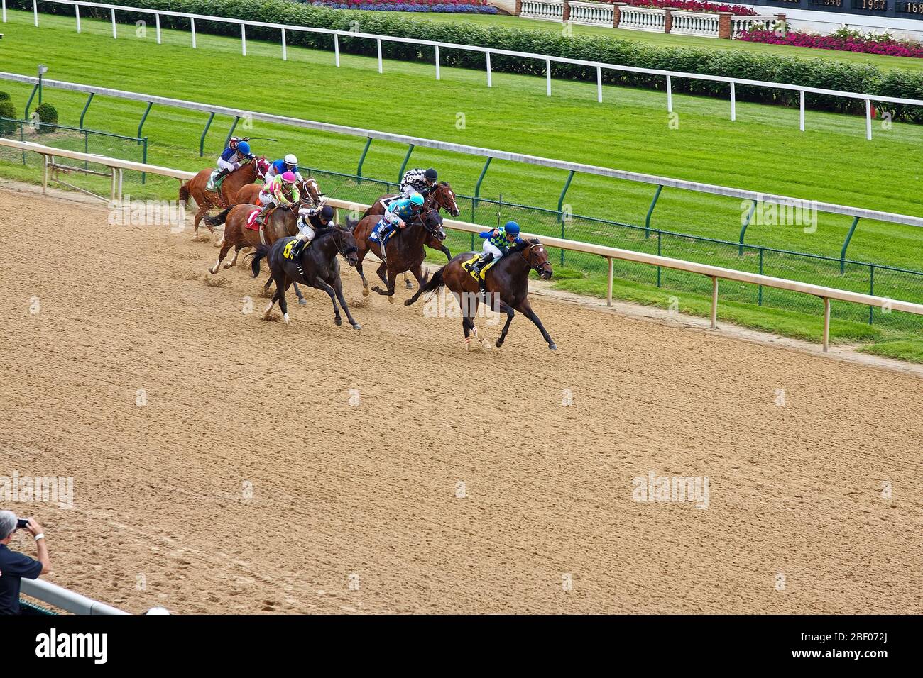 horse race, 7 equines, jockeys wearing silks, fast, competition, sport, dirt track, dirt flying, animals, Churchill Downs Racetrack; Kentucky; USA, Lo Stock Photo