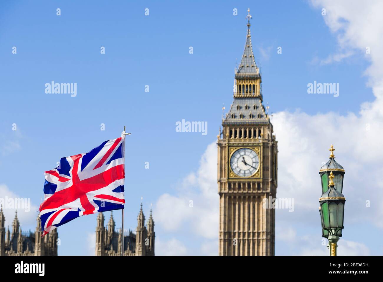 The Elizabeth Tower which houses the clock is popularly know as 'Big Ben' part of the Palace of Westminster commonly known as the Houses of Parliament Stock Photo