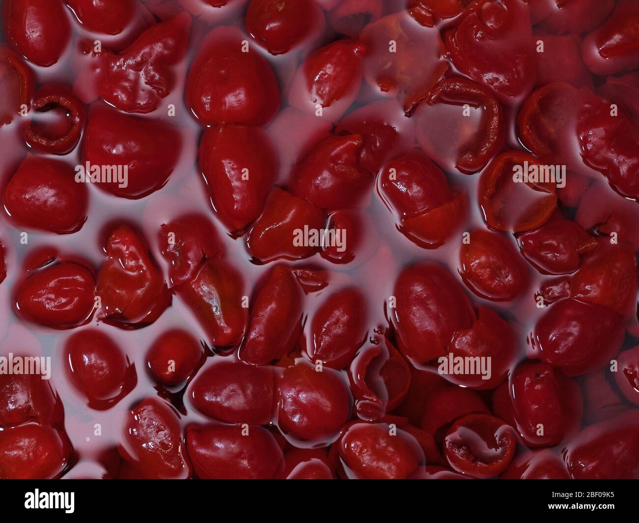 Close up of red Sweet Piquanté peppers (Capsicum baccatum) in brine, better known as Peppadew™. Grown in Limpopo, South Africa. Stock Photo