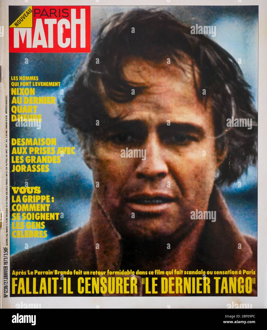 Frontpage of French news and people magazine Paris-Match, n° 1238, American actor Marlon Brando in the scandal of 'The Last Tango in Paris' film, 1973, France Stock Photo