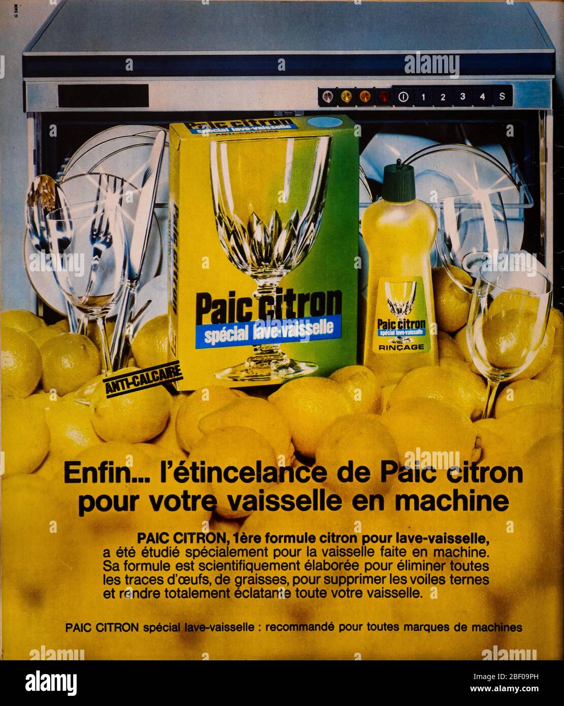 Advertisement page for Paic citron rinsing liquid for washing machine,  published on the back cover of the French news and people magazine  Paris-Match, 1973, France Stock Photo - Alamy