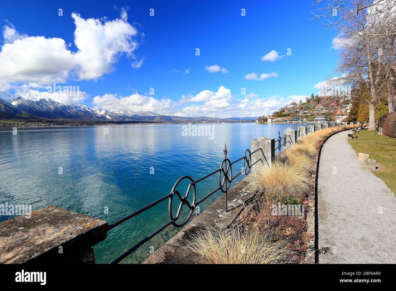 Oberhofen am Thunersee. The town is located on the northern shore of Lake Thun. Switzerland, Europe. Stock Photo