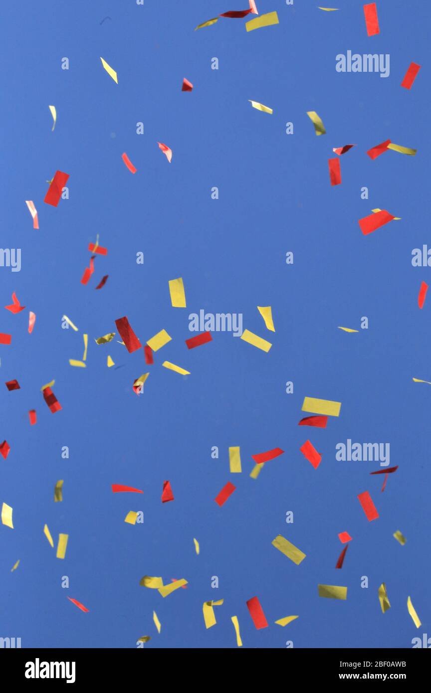 Sky filled with falling parade confetti Stock Photo Alamy
