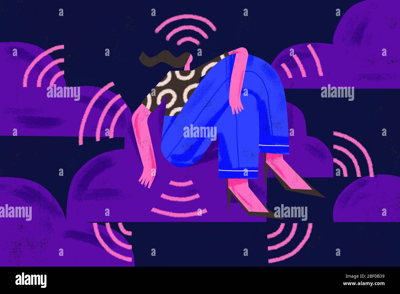Stay connected concept. Social media and telecommunication technologies illustration. Young woman stays in the clouds surrounded by Wi-Fi signal symbo Stock Photo