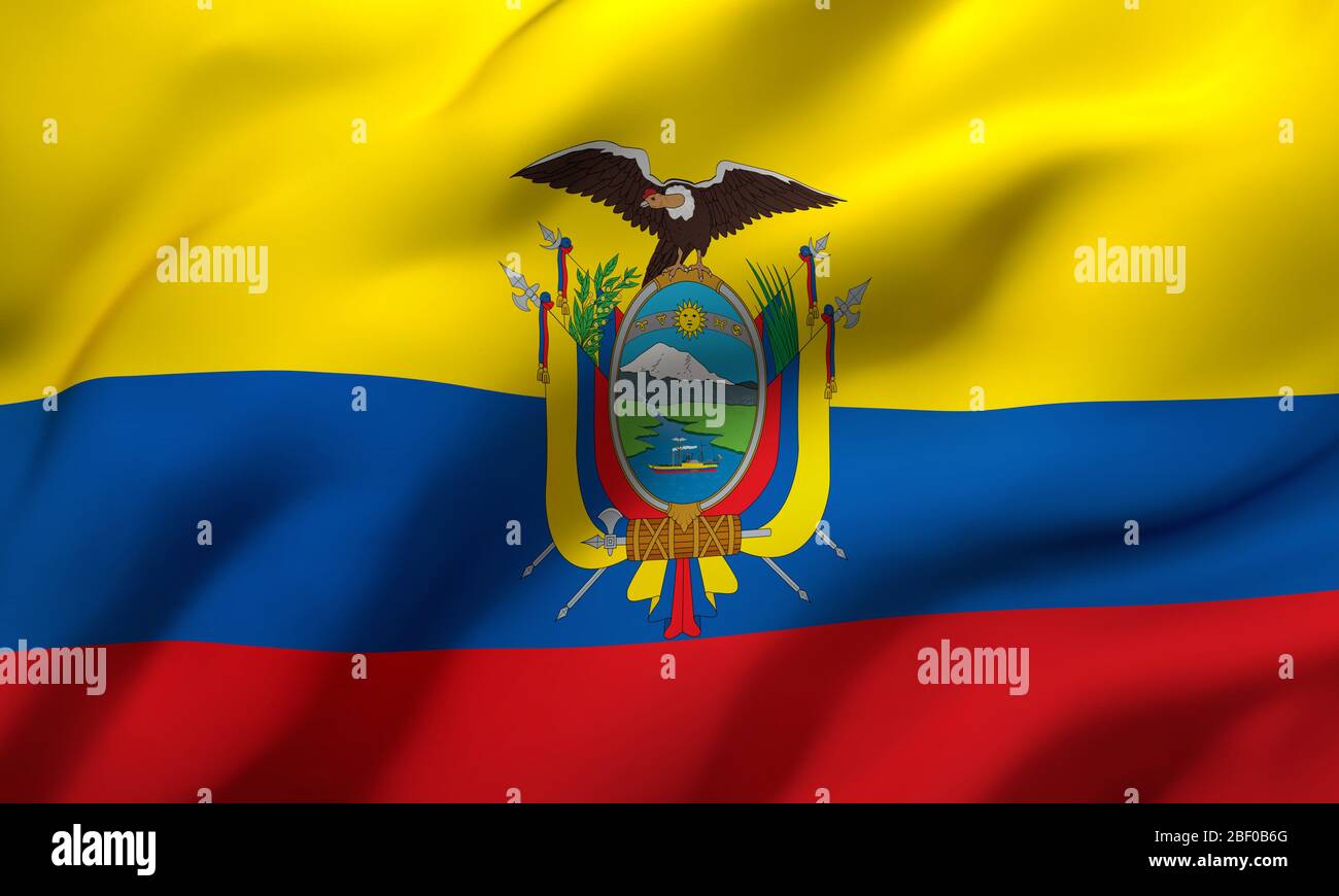 Flag of Ecuador blowing in the wind. Full page Ecuadorean flying flag. 3D illustration. Stock Photo