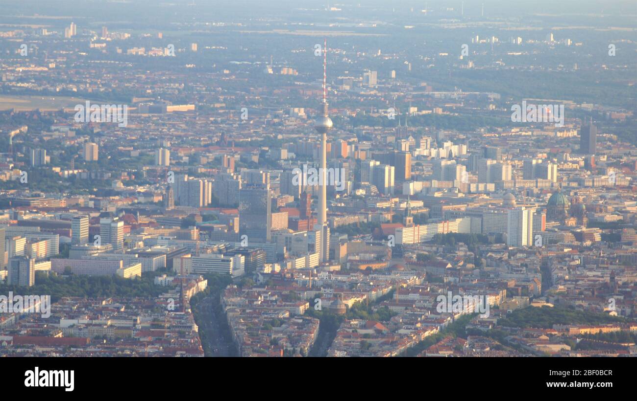 BERLIN, GERMANY - JUL 06th, 2015: Aerial view of Berlin capital of Germany - view from the airplane Stock Photo