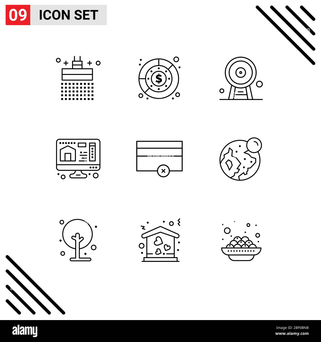 9 Universal Outlines Set for Web and Mobile Applications finance, printing, revenue, computer, landmark Editable Vector Design Elements Stock Vector