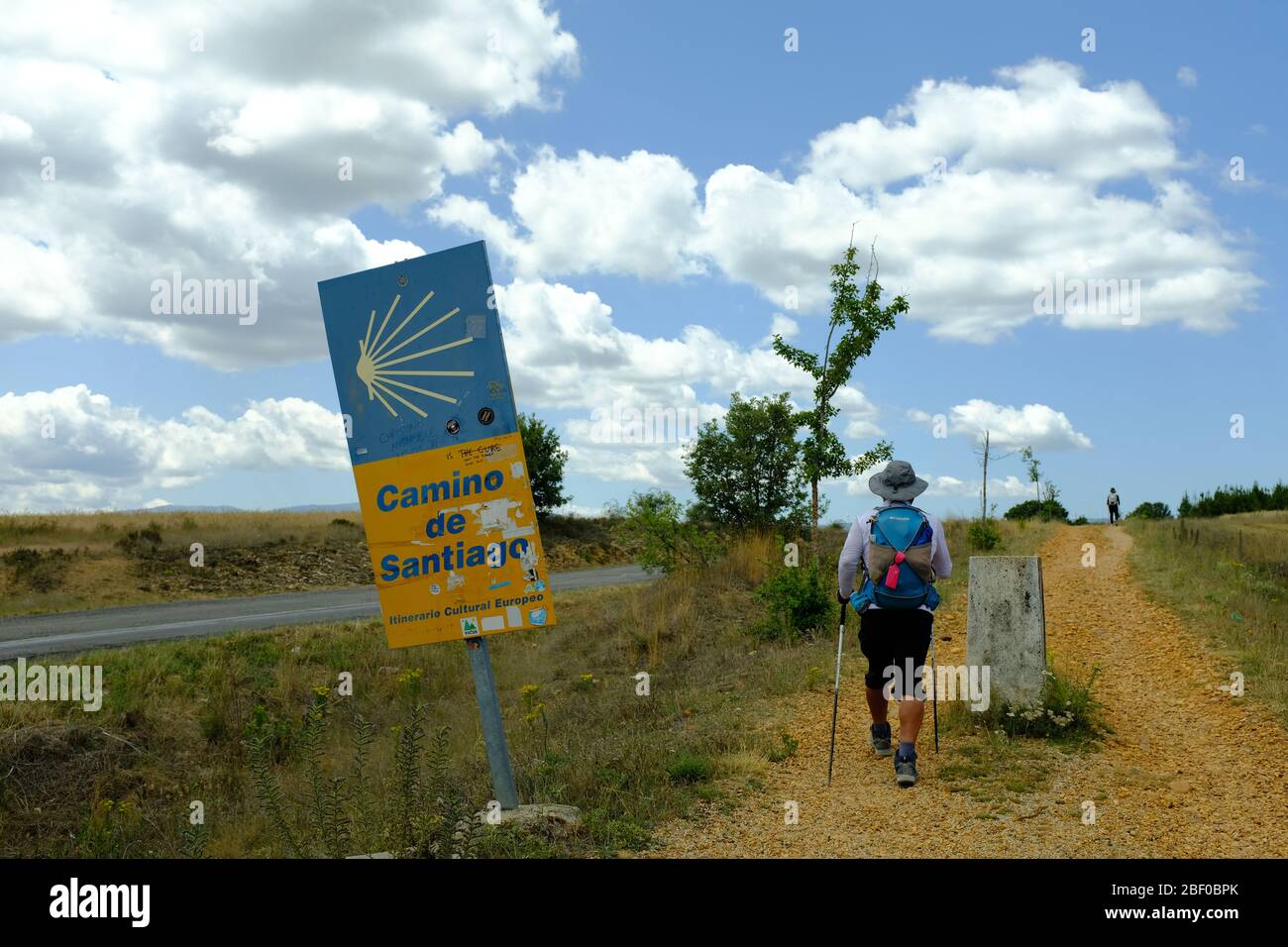 man walking toward santiago trail, camino de santiago, Spain. Stock Photo