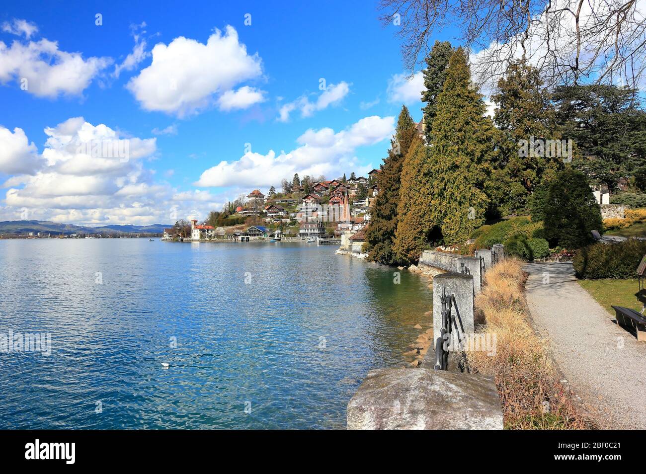 Oberhofen am Thunersee. The town is located on the northern shore of Lake Thun. Switzerland, Europe. Stock Photo