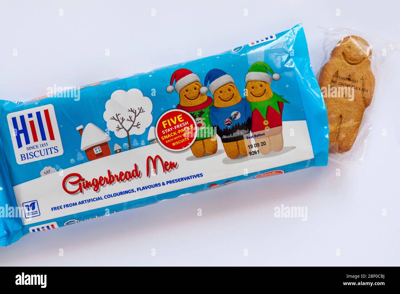Packet of Hill Biscuits Gingerbread Men opened to show biscuits