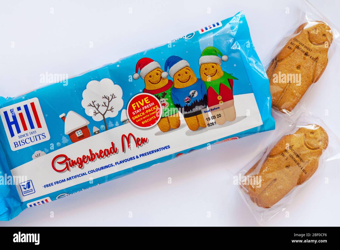 Packet of Hill Biscuits Gingerbread Men opened to show biscuits