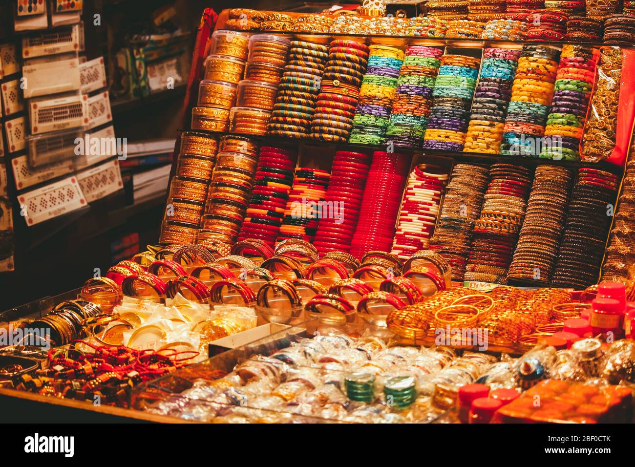 An accessory store for ladies in Haridwar selling bangles. Stock Photo