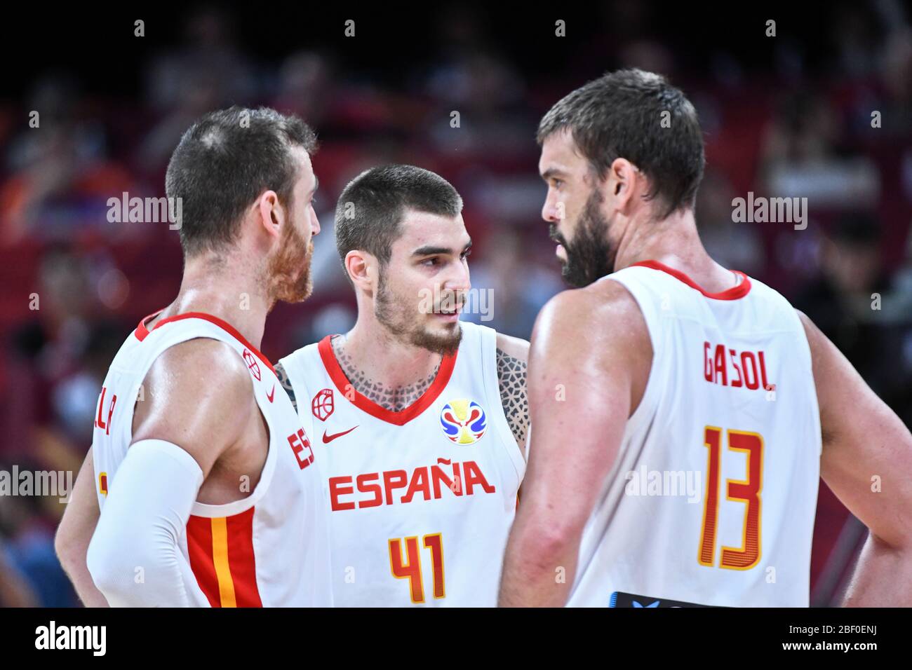 Marc Gasol, Víctor Claver and Juancho Hernángomez (Spain) vs. Australia. FIBA Basketball World Cup China 2019, Semifinals Stock Photo