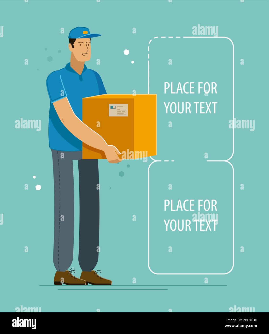 Delivery service. Courier holds box with parcel. Vector illustration Stock Vector