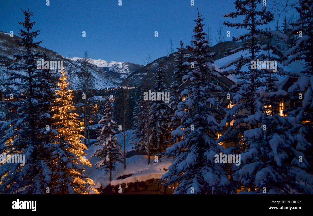 A view of Vail, Colorado from a mansion in the snow Stock Photo