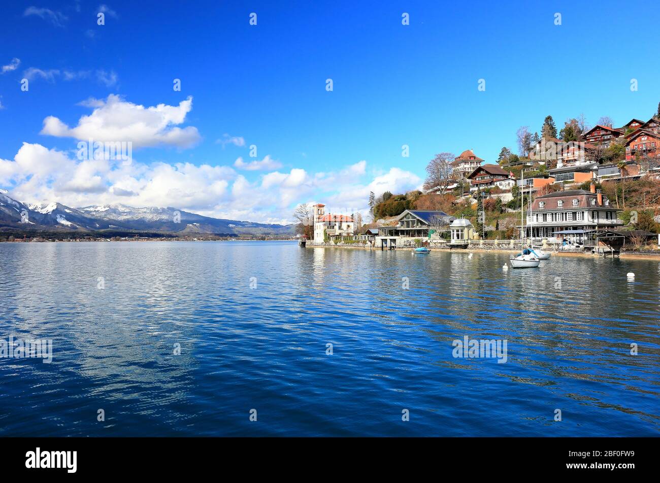 Oberhofen am Thunersee. The town is located on the northern shore of Lake Thun. Switzerland, Europe. Stock Photo
