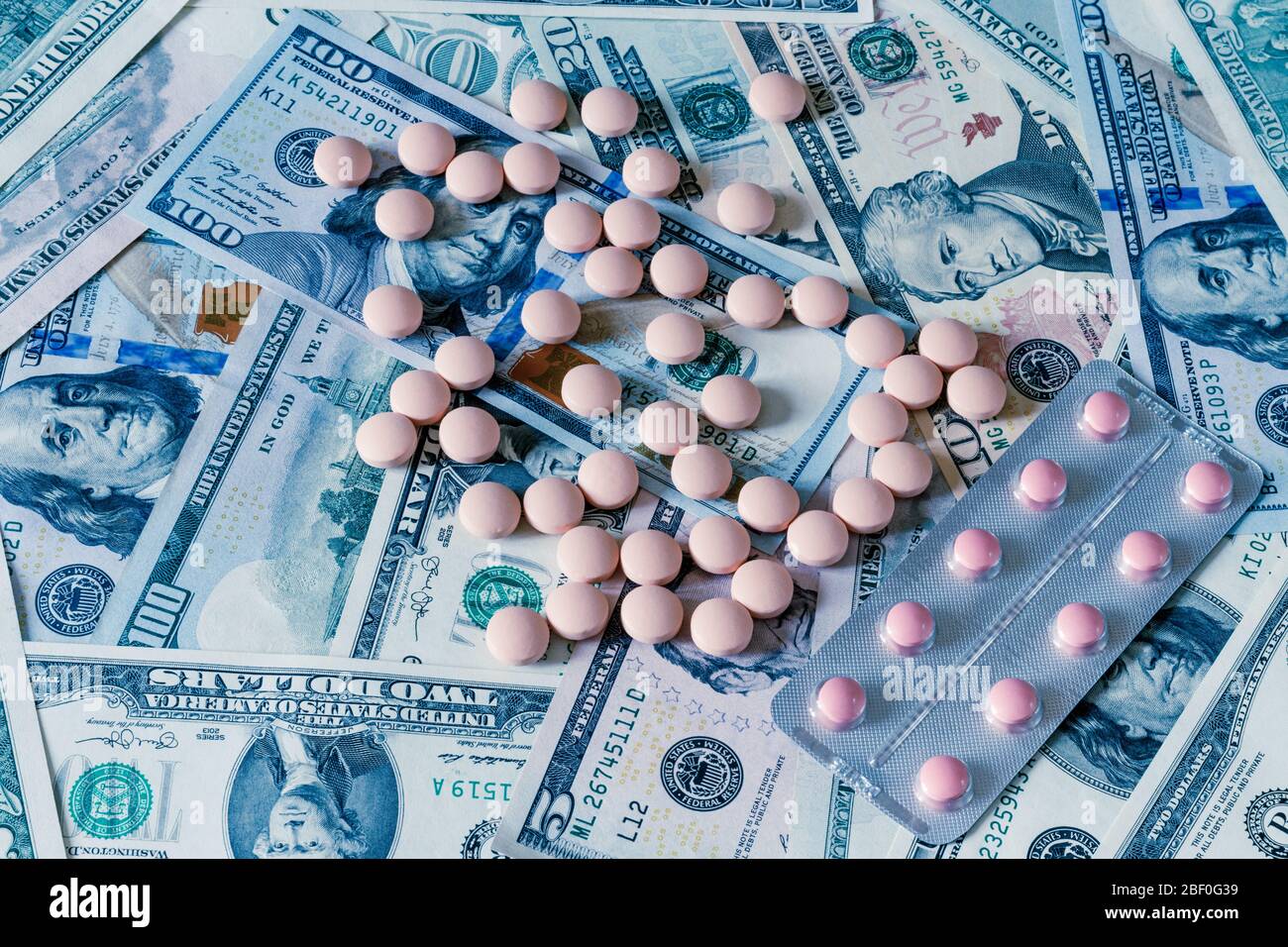 Medicine pills or capsules with dollars. Pharmacy prescription for