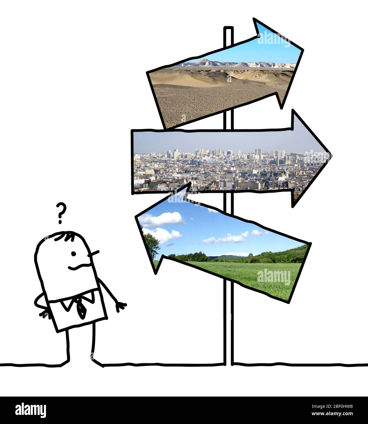 Cartoon man wondering where to go: countryside, town or desert Stock Photo