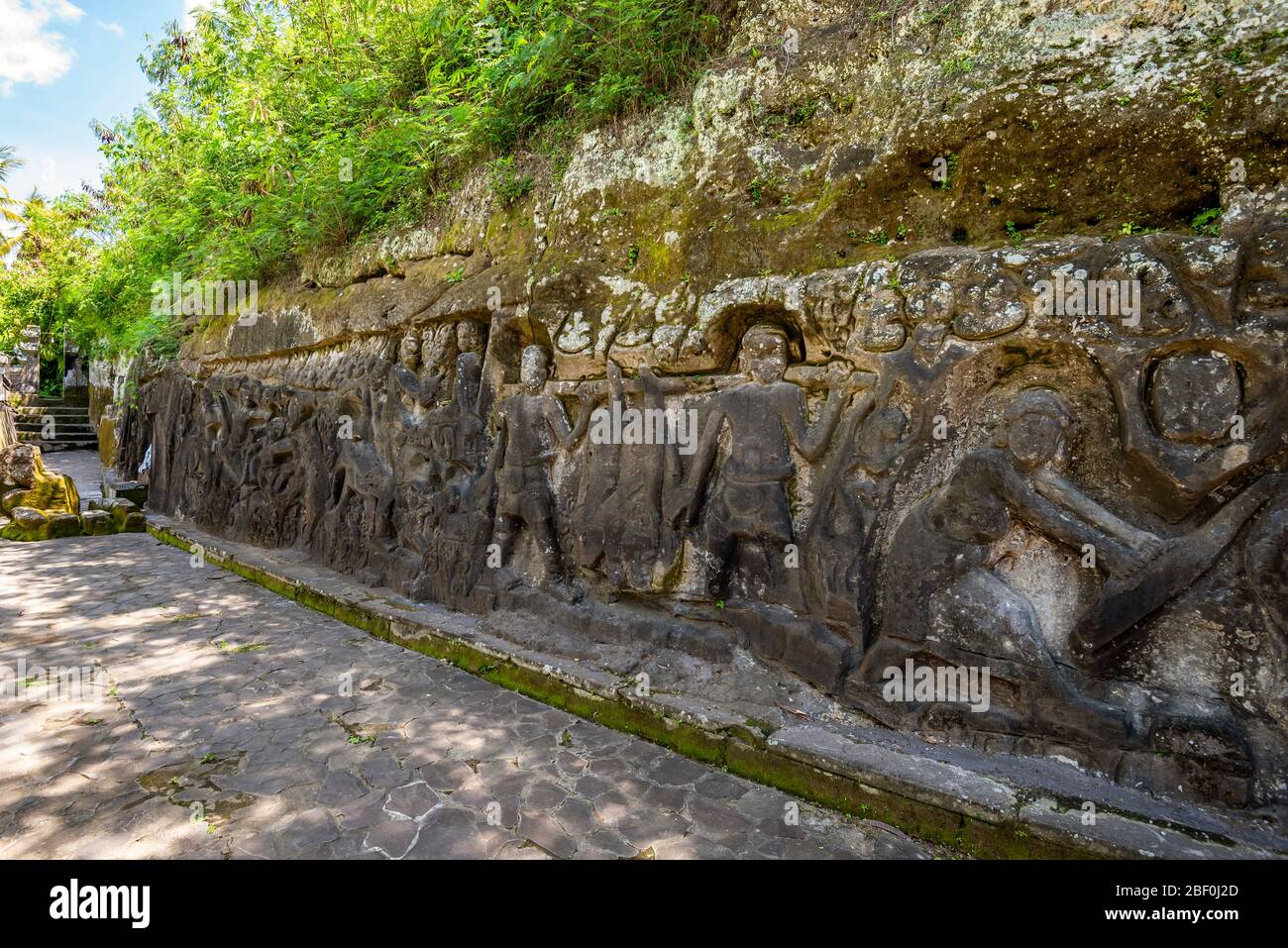 Horizontal view of the Yeh Pulu Relief in Bali, Indonesia. Stock Photo