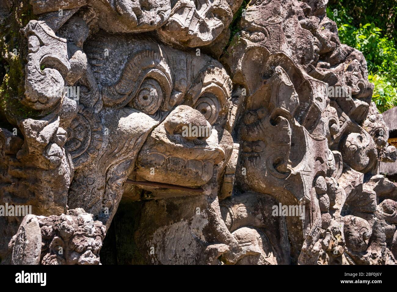 Horizontal close up view of the Elephant cave in Bali, Indonesia. Stock Photo
