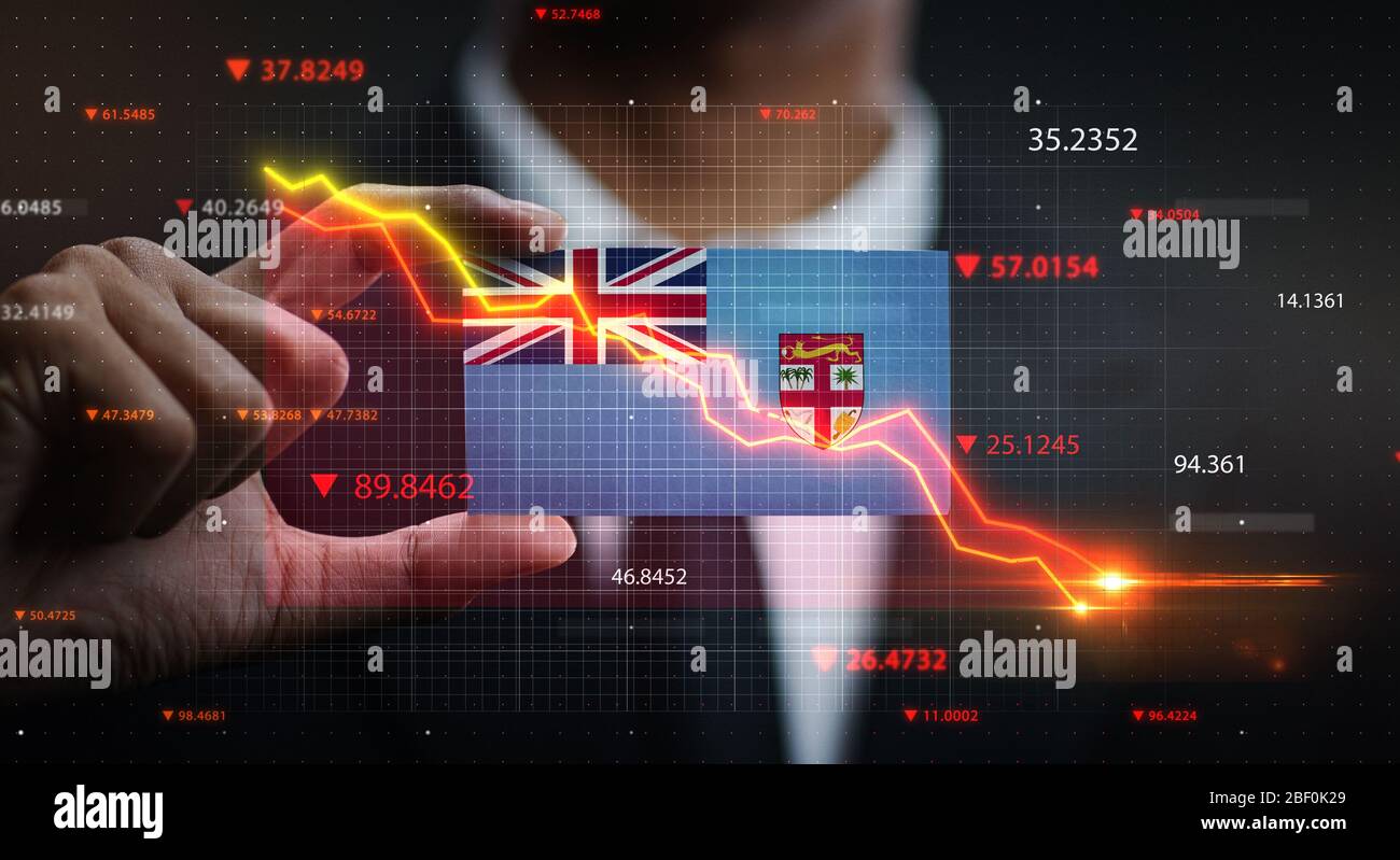 Graph Falling Down in Front Of Fiji Flag. Crisis Concept Stock Photo