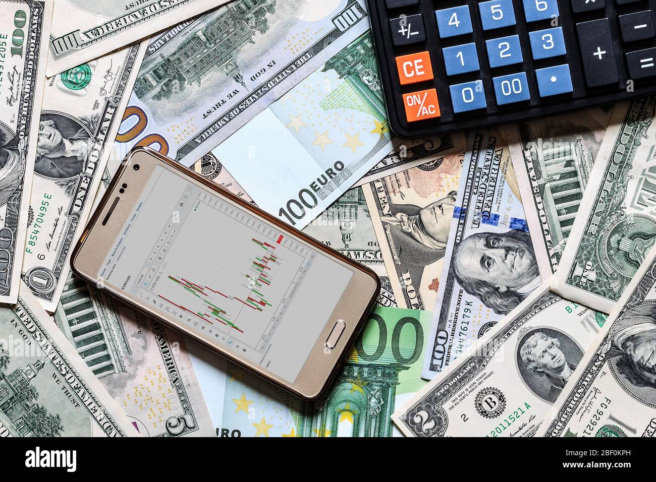 Concept with money american dollar, euro bills, black calculator and mobile  phone with the schedule of exchange rates. Cash dollars and euro Stock  Photo - Alamy