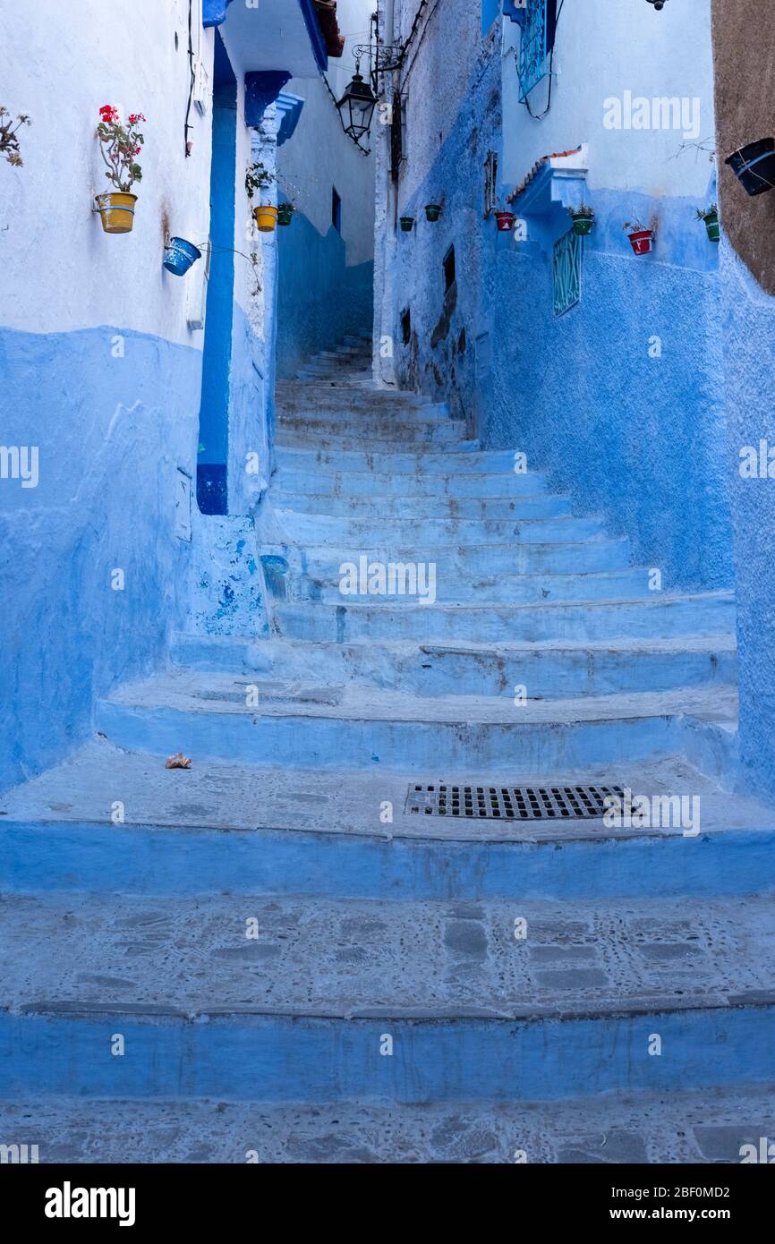 Chefchaouen, northern Morocco, June 10, 2016. One of the very picturesque streets in the medina of the blue city. Stock Photo