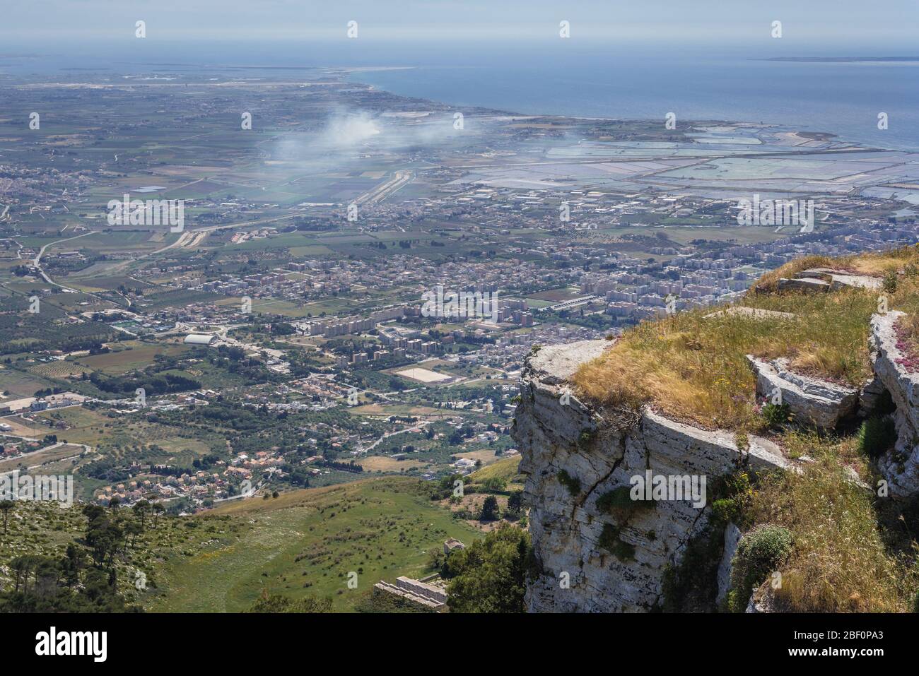 Aerial view from Erice town with Saline Di Trapani - saltworks and nature reeserve in the province of Trapani in Sicily, southern Italy Stock Photo