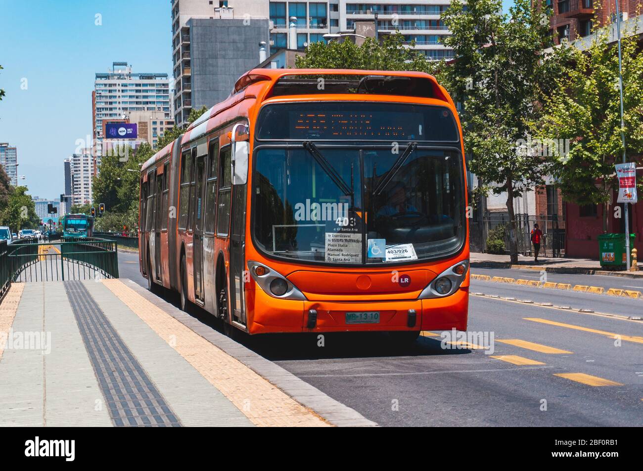 SANTIAGO, CHILE - NOVEMBER 2015: A Transantiago public transport bus in downtown Santiago Stock Photo