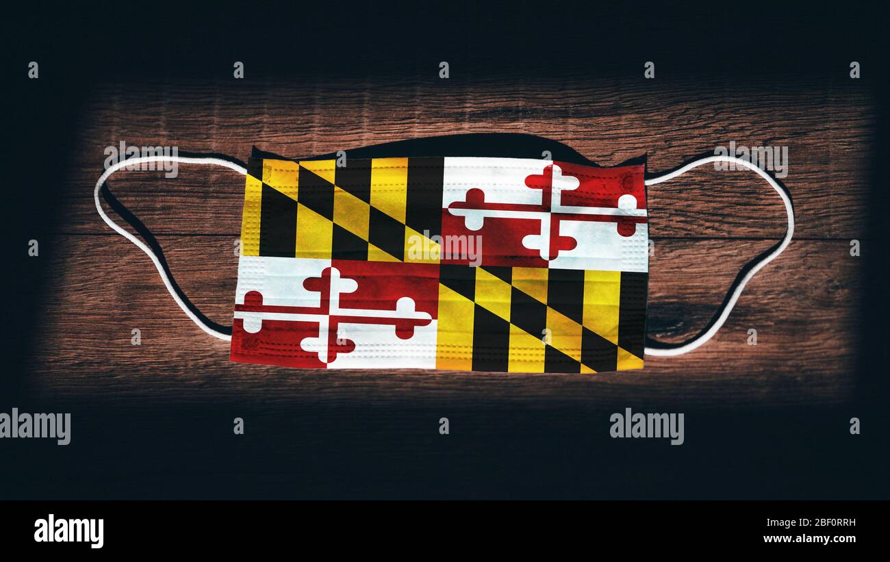 Maryland Flag. Coronavirus Covid 19 in U.S. State. Medical mask isolate