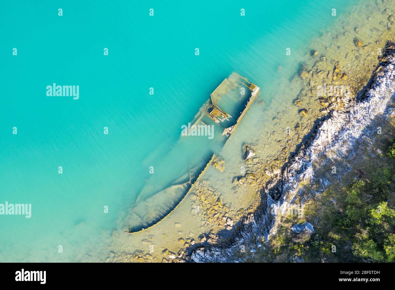 an aerial view of the sinking German ship Fritz from World War II in the bay of Salamustica in the Rasa bay, Istria, Croatia Stock Photo