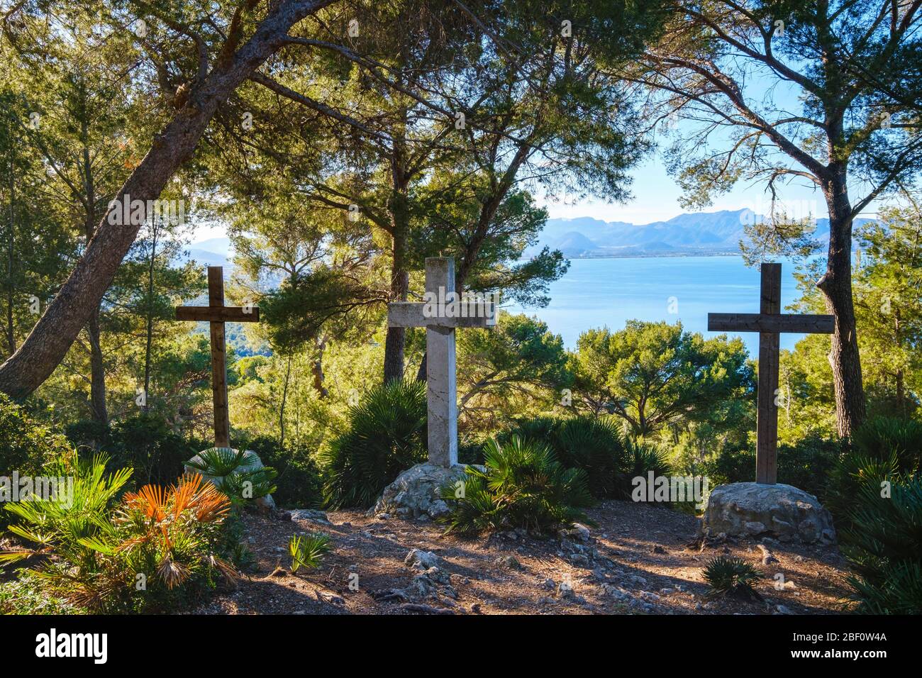 Ses Tres Creus, three crosses, La Victoria Peninsula, near Alcudia, Raiguer region, Majorca, Balearic Islands, Spain Stock Photo