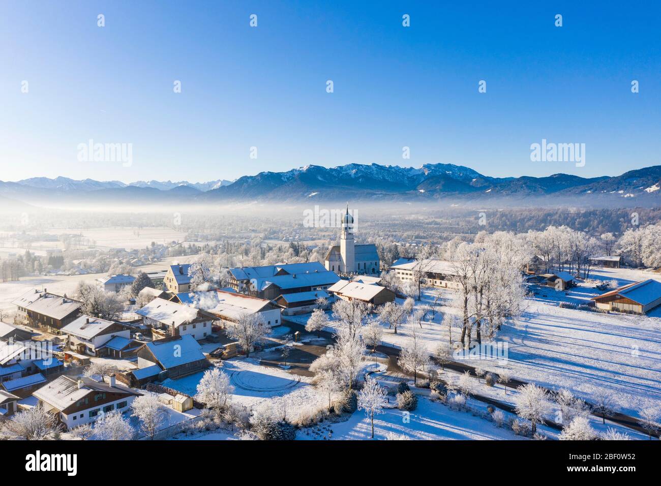 Village Gaissach in winter, drone shot, Isarwinkel, Upper Bavaria, Bavaria, Germany Stock Photo