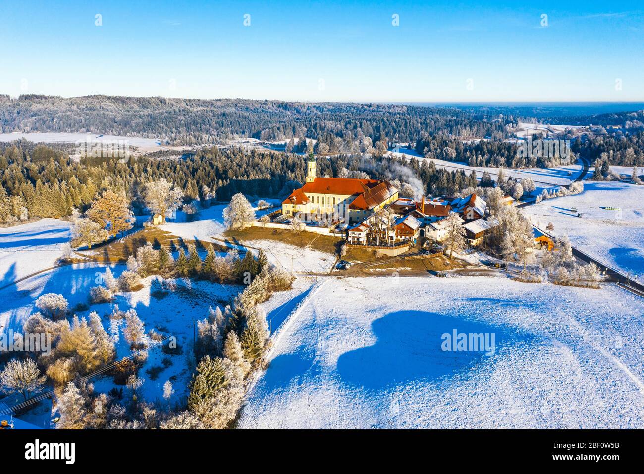 Reutberg monastery in winter, near Sachsenkam, Toelzer Land, drone shot, Upper Bavaria, Bavaria, Germany Stock Photo