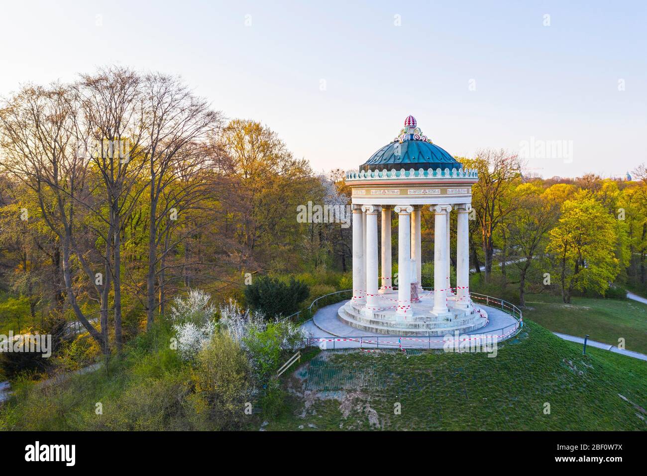 Monopteros with barrier tapes during curfew in morning light, English Garden, Munich, aerial view, Upper Bavaria, Bavaria, Germany Stock Photo
