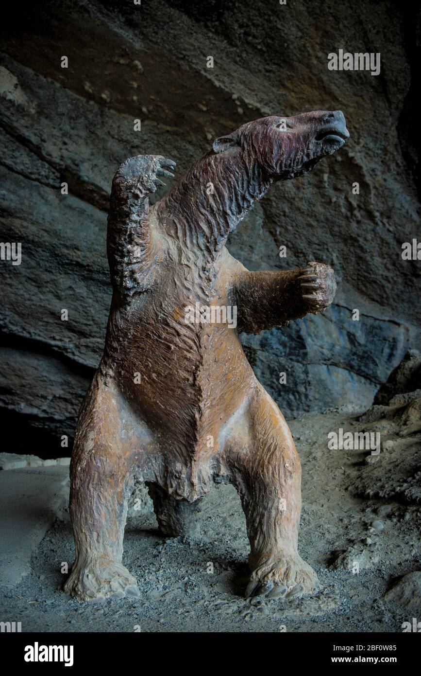 Reproduction of a Mylodon, Giant Sloth, Cueva del Milodon, also Milodon, Patagonia, Region de Magallanes y de la Antartica Chilena, Chile Stock Photo