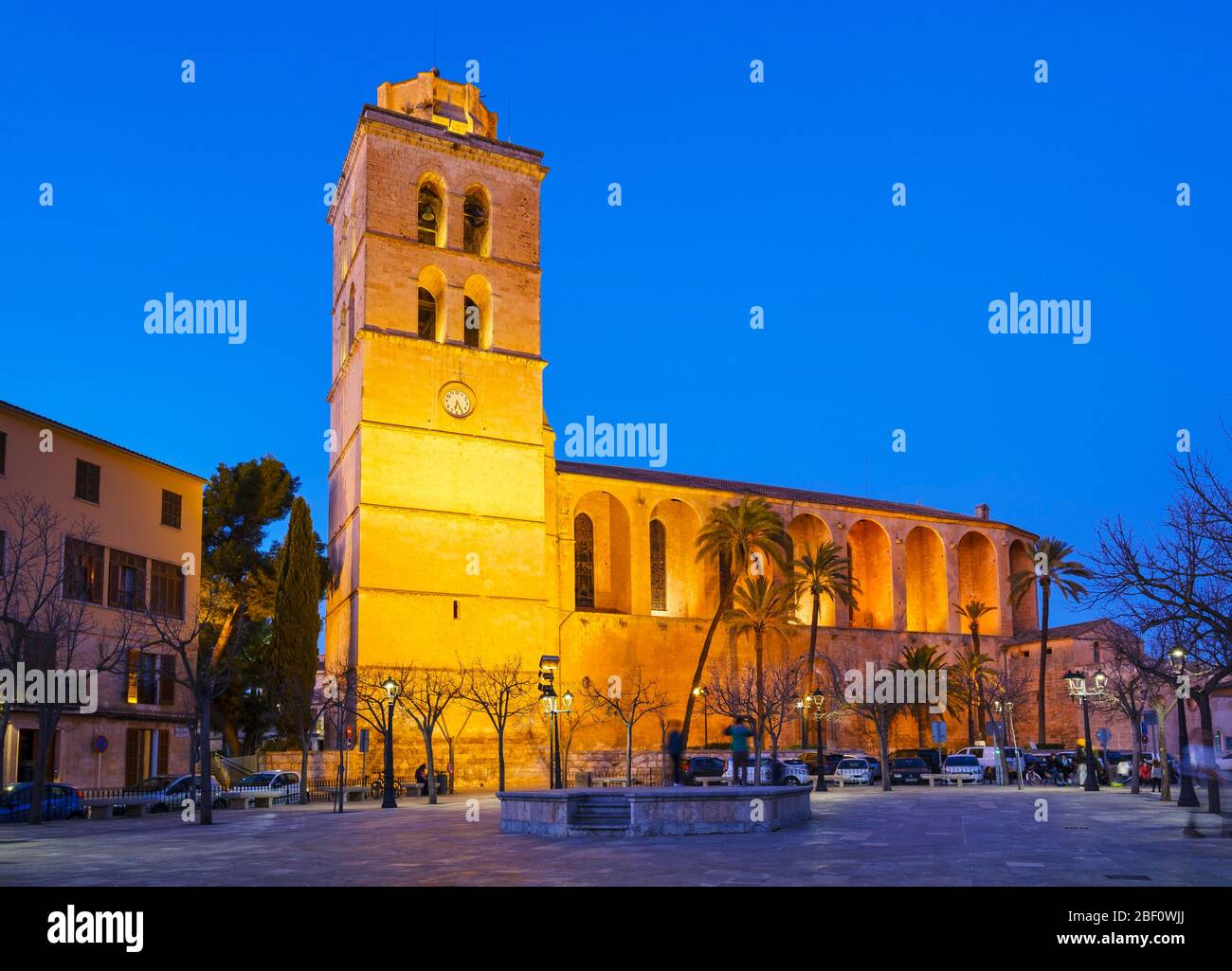 Parish church of Sant Joan at dusk, Muro, Es Pla region, Majorca, Balearic Islands, Spain Stock Photo