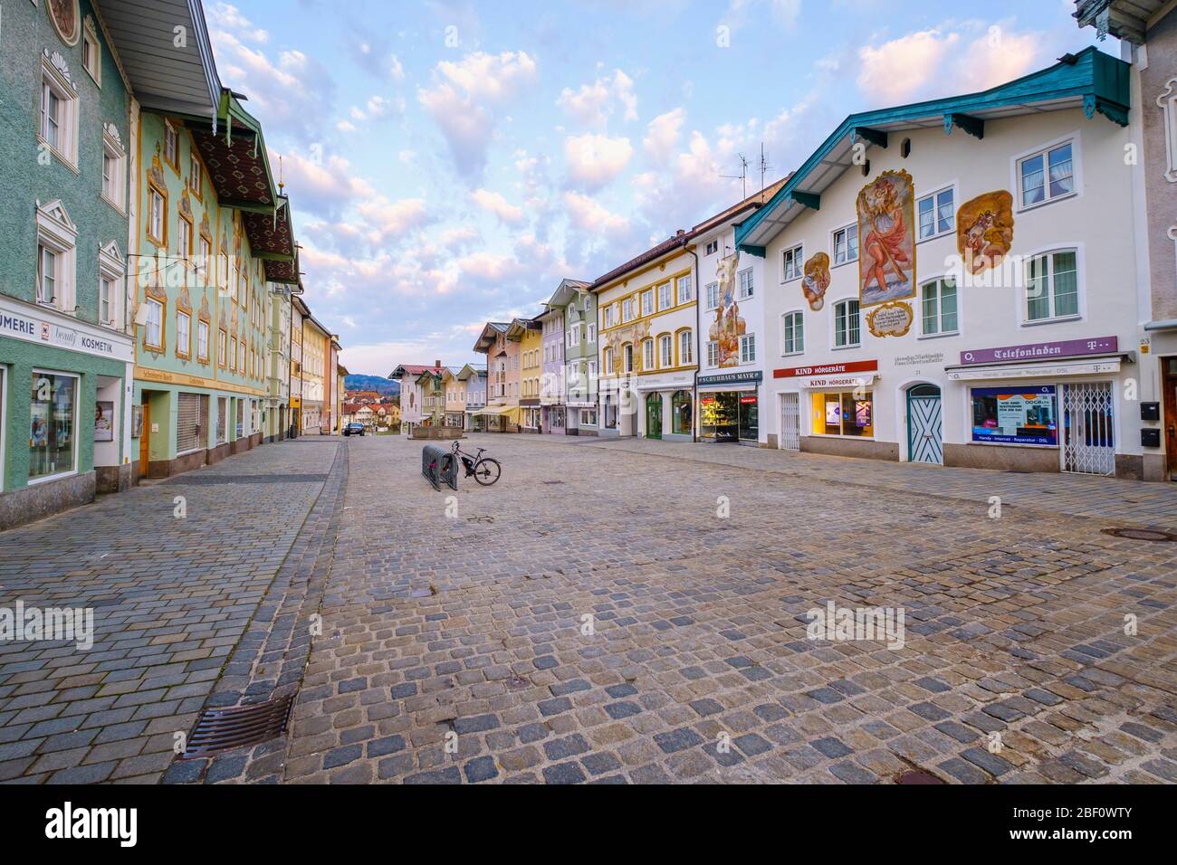 Menschenleere Marktstrasse, Bad Toelz, Isarwinkel, Upper Bavaria, Bavaria, Germany Stock Photo