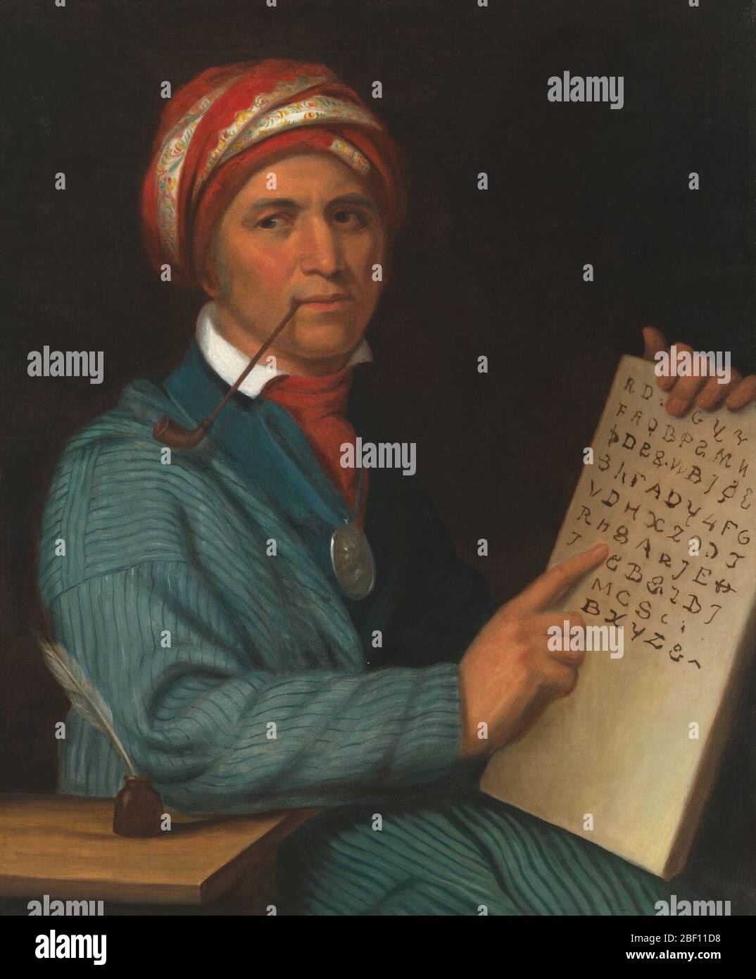 Sequoyah. Born Cherokee town of Tuskegee, eastern TennesseeSequoyah, the son of a Cherokee chief’s daughter and a fur trader from Virginia, was a warrior and hunter and, some say, a silversmith. For twelve years he worked to devise a method of writing for the Cherokee language. Stock Photo