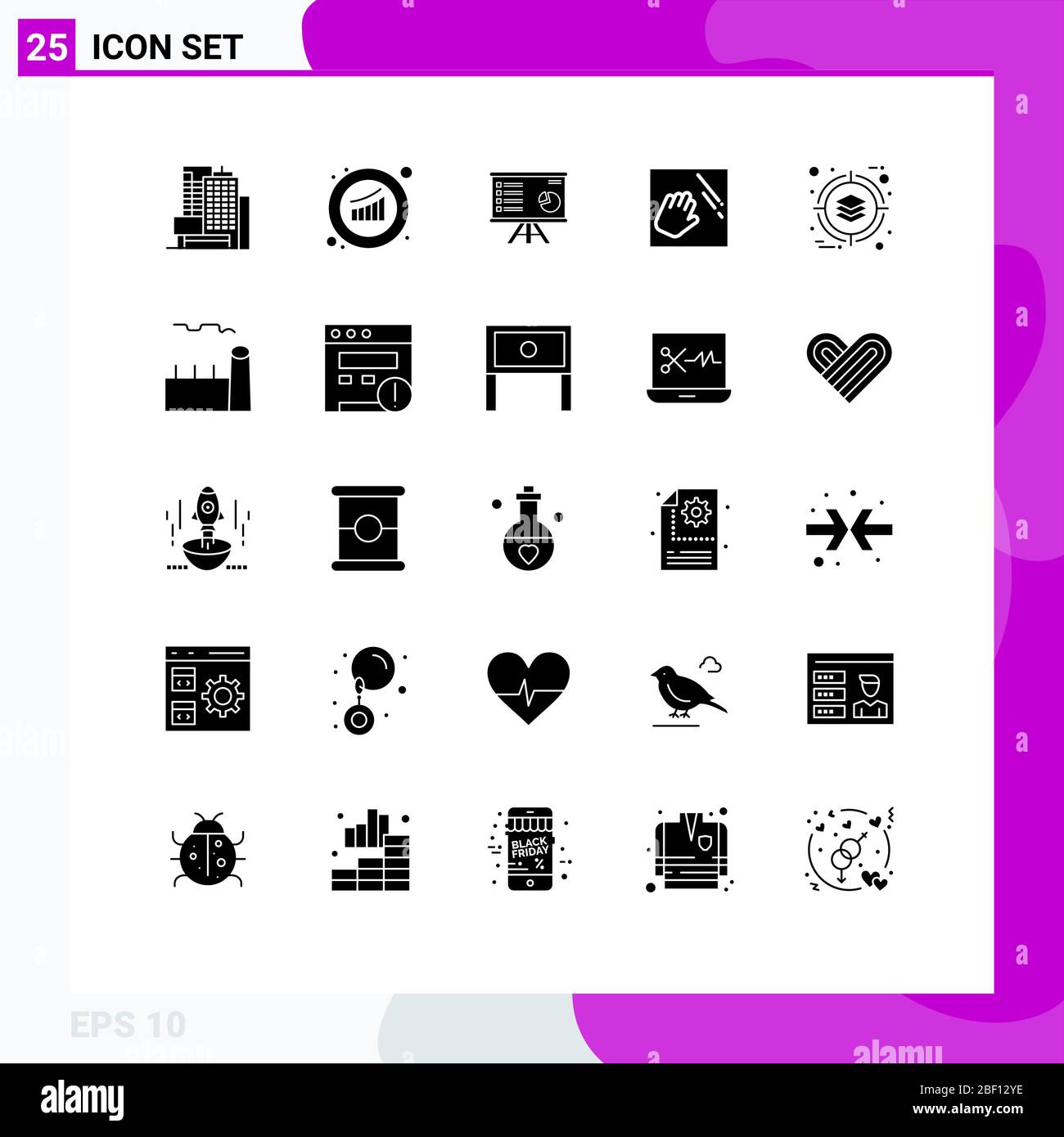 Universal Icon Symbols Group of 25 Modern Solid Glyphs of hand, cleaning, presentation, report, graph Editable Vector Design Elements Stock Vector