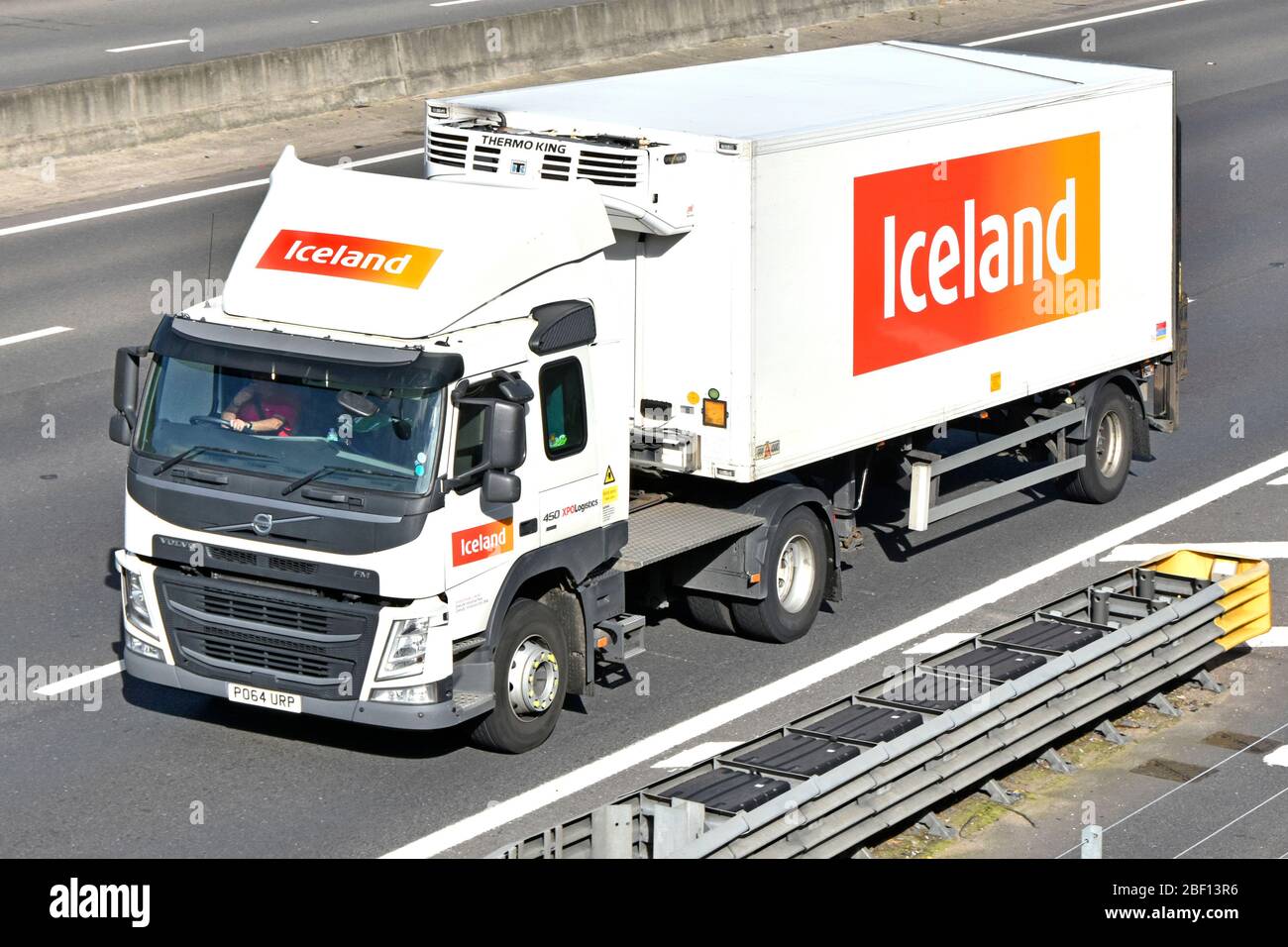 Iceland frozen foods & groceries business food supply chain delivery lorry  truck & short wheelbase trailer Thermo King chiller cooler unit UK motorway  Stock Photo - Alamy